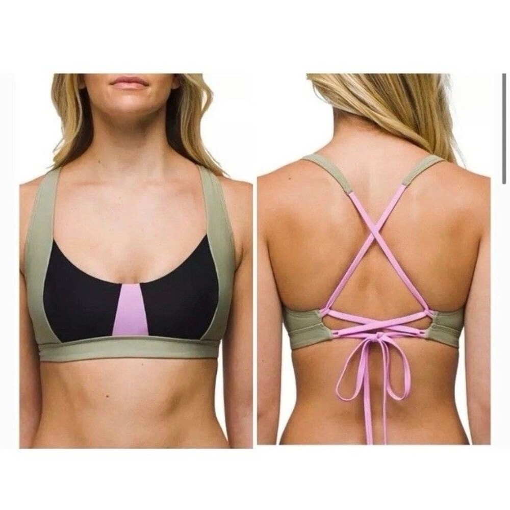 prAna Tulum Swim Bikini Top Medium Black Green Colorblock Crisscross Back NEW